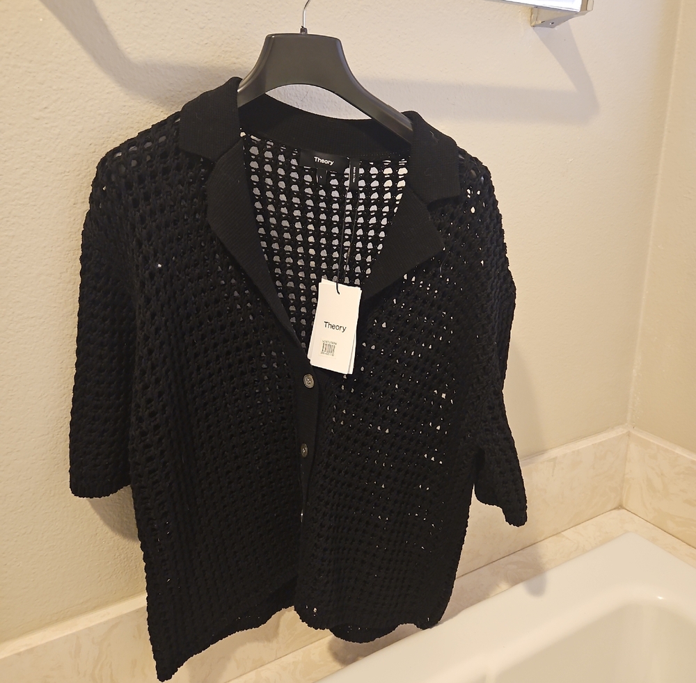 Theory Black Open-Weave Collared Button Cardigan
